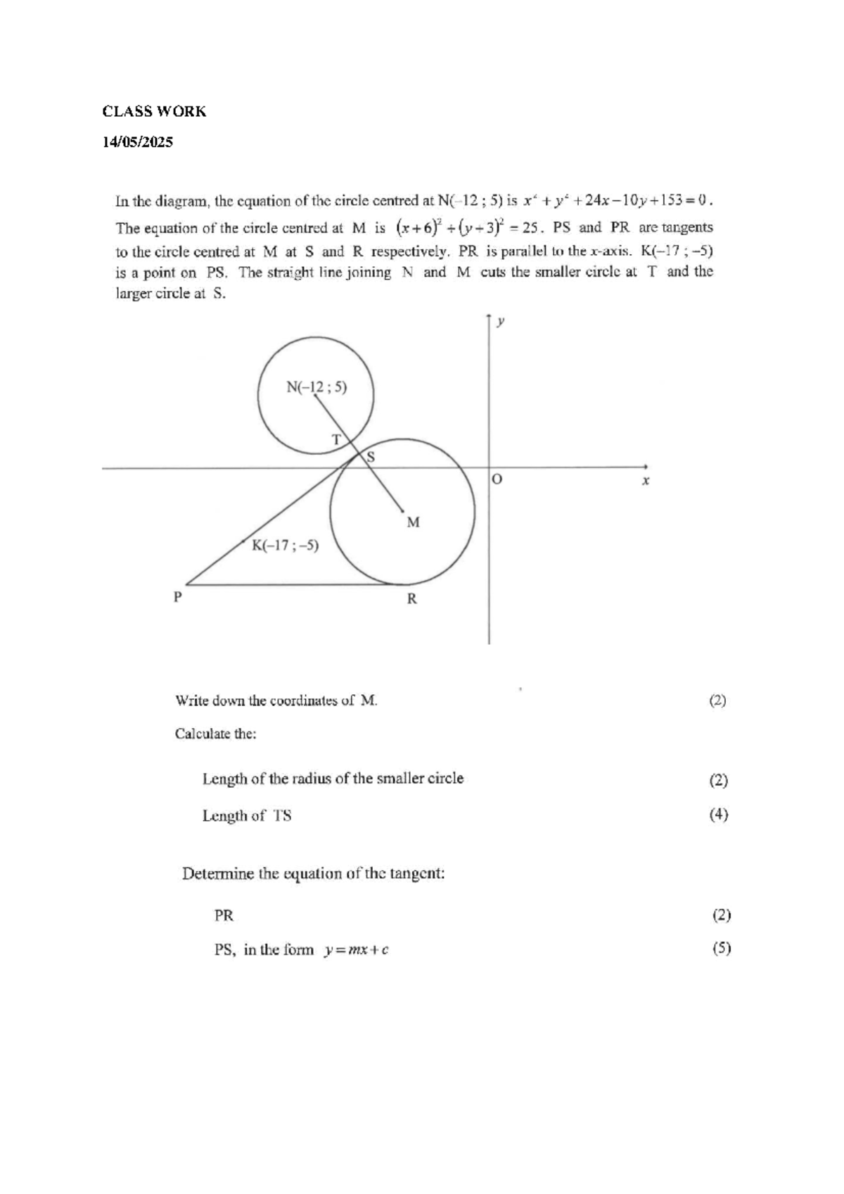 CLASS WORK: Circle Equations and Tangents Analysis - Studocu