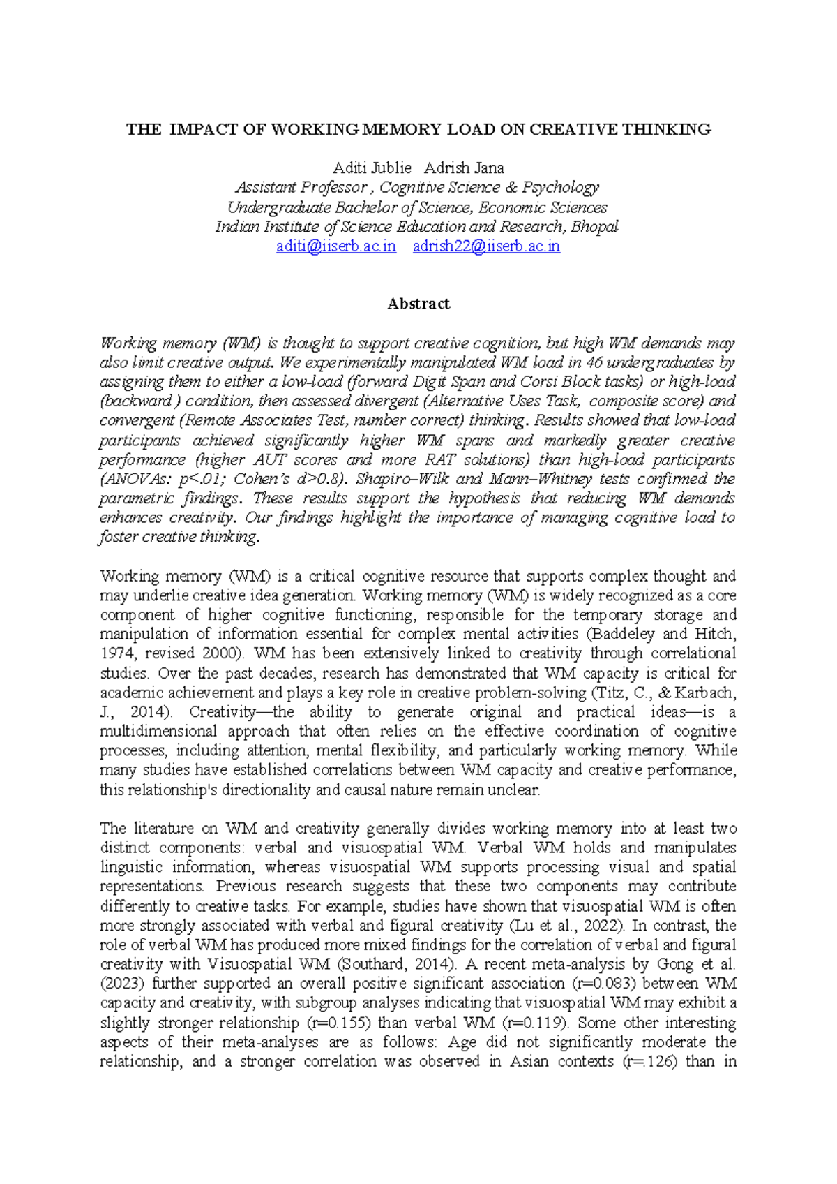 ISP 2025 - The Effect of Working Memory Load on Creative Thinking - Studocu