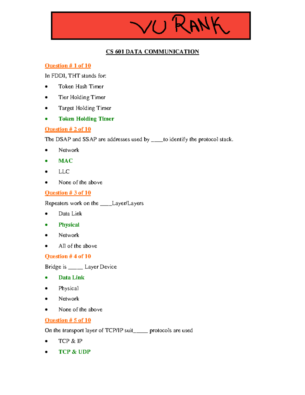 CS601 Solved Mid-Term MCQ Mega File - Data Communication Insights - Studocu