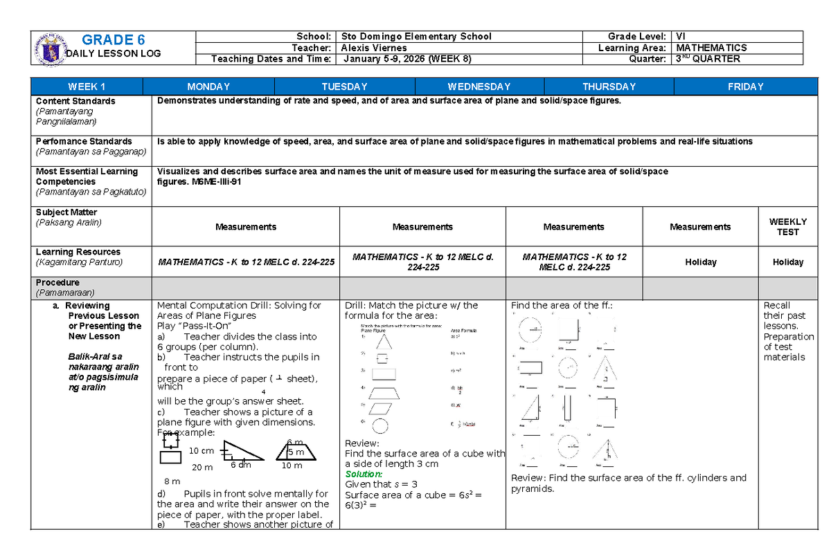 MATH6 3RD QUARTER WEEK 8 DAILY LESSON LOG - Studocu