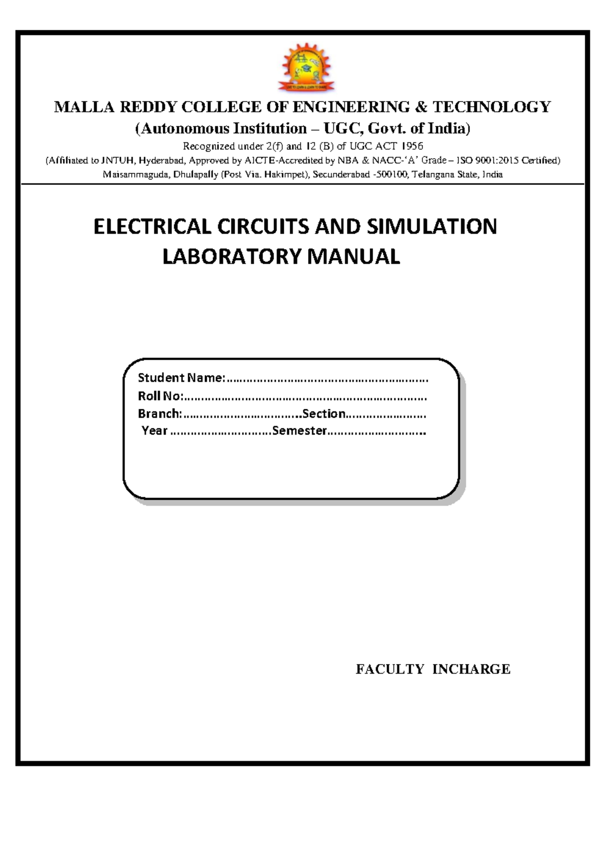 Electrical Ciruits & Simulation LAB - MALLA REDDY COLLEGE OF ...
