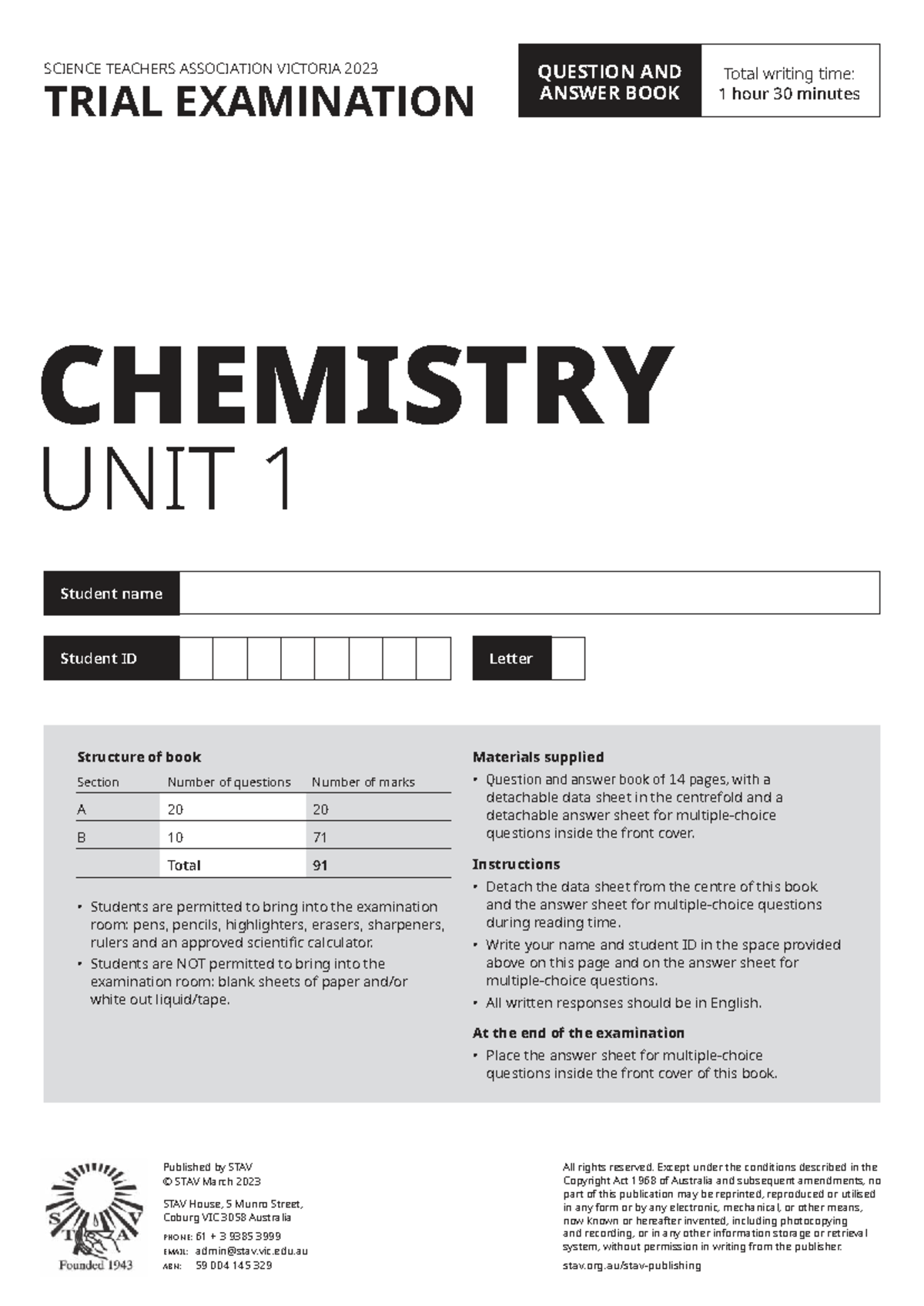 STAV 2023 Chemistry Unit 1 Trial Examination Questions and Answers ...