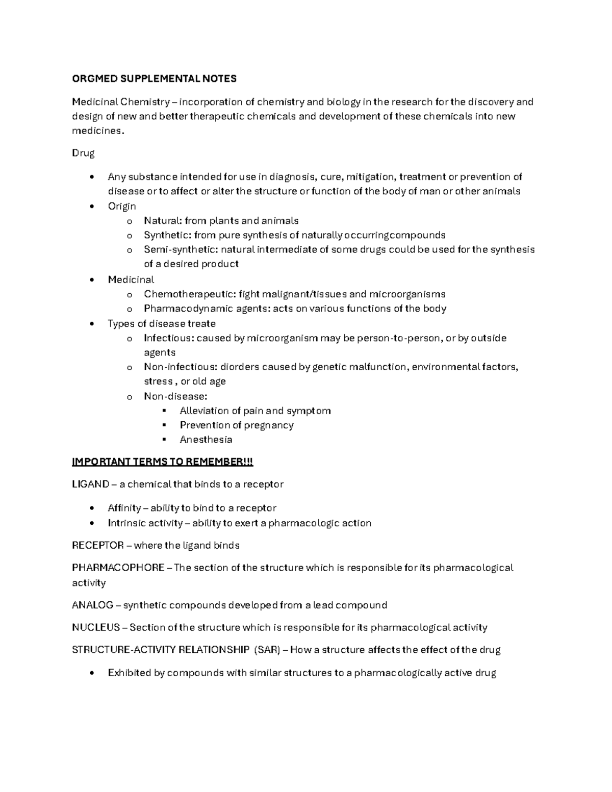 ORGMED SUPPLEMENTAL NOTES: Medicinal Chemistry Overview and Key ...