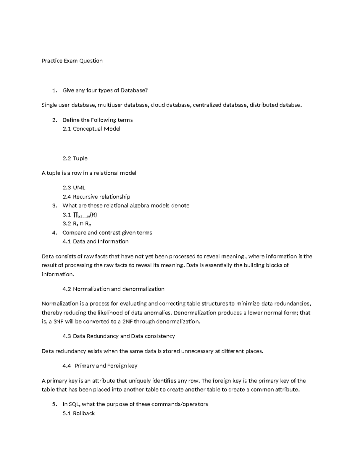 DBMS 101: Practice Exam Questions and Key Concepts - Studocu