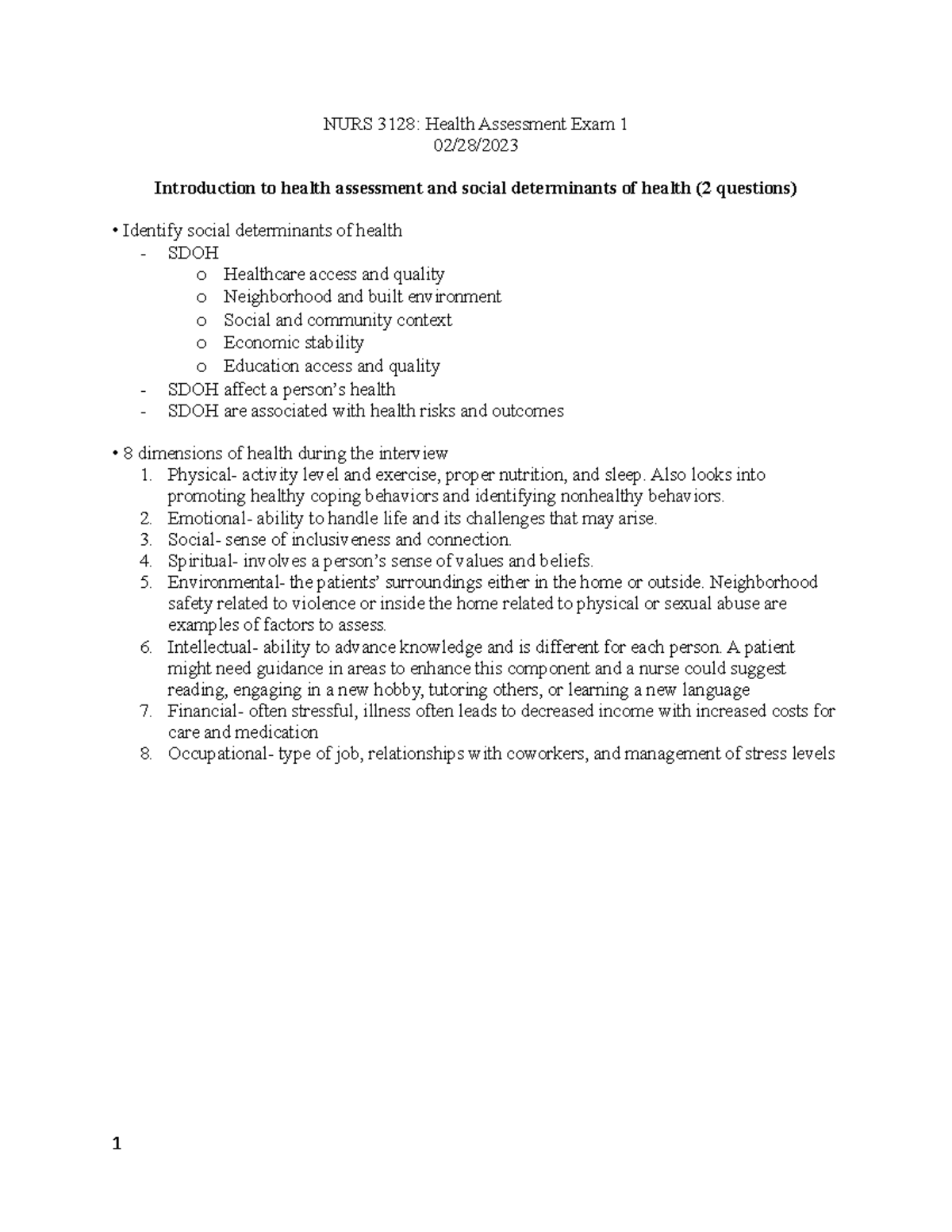 NURS 3128 Health Assessment Exam 1 Study Notes and Guide - Studocu