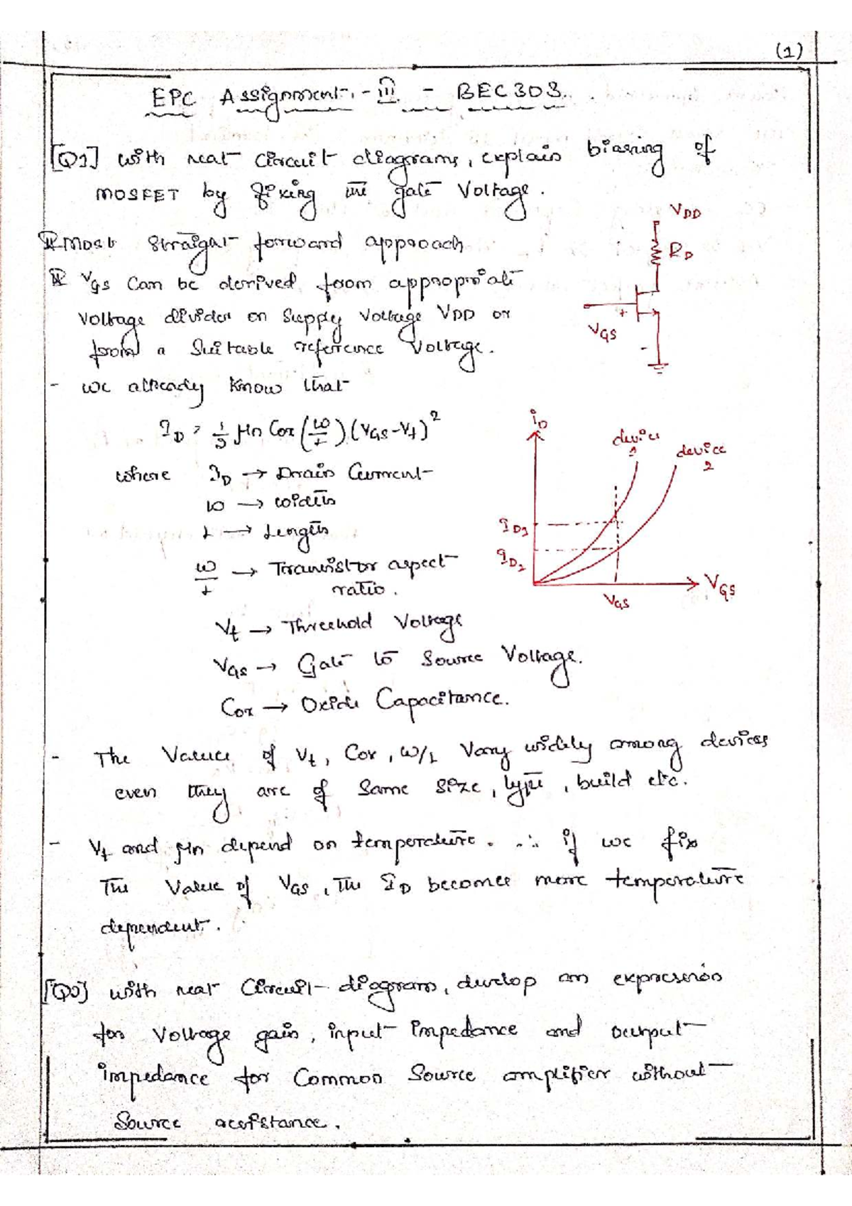 EPC Assignment BEC303: MOSFET Circuit Analysis and Amplifier Design ...