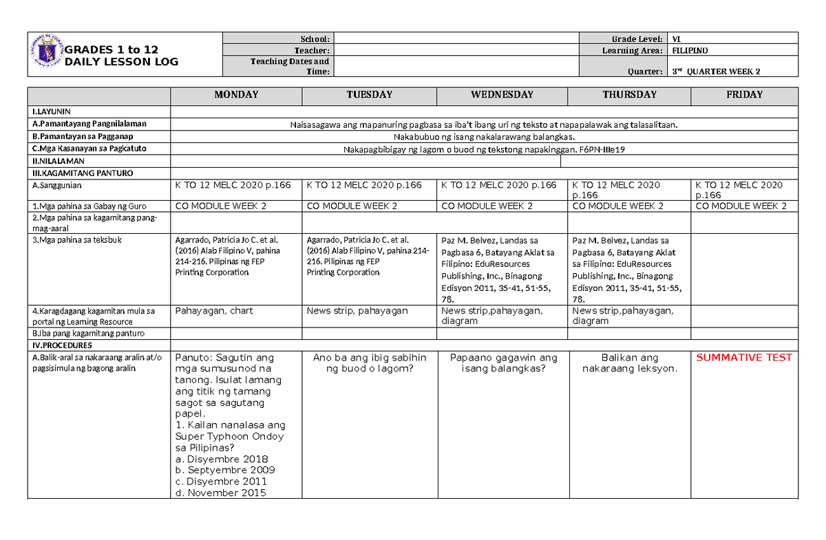 DLL Filipino 6 Q3 W2 - Daily Lesson Log for Grade 6 - Studocu