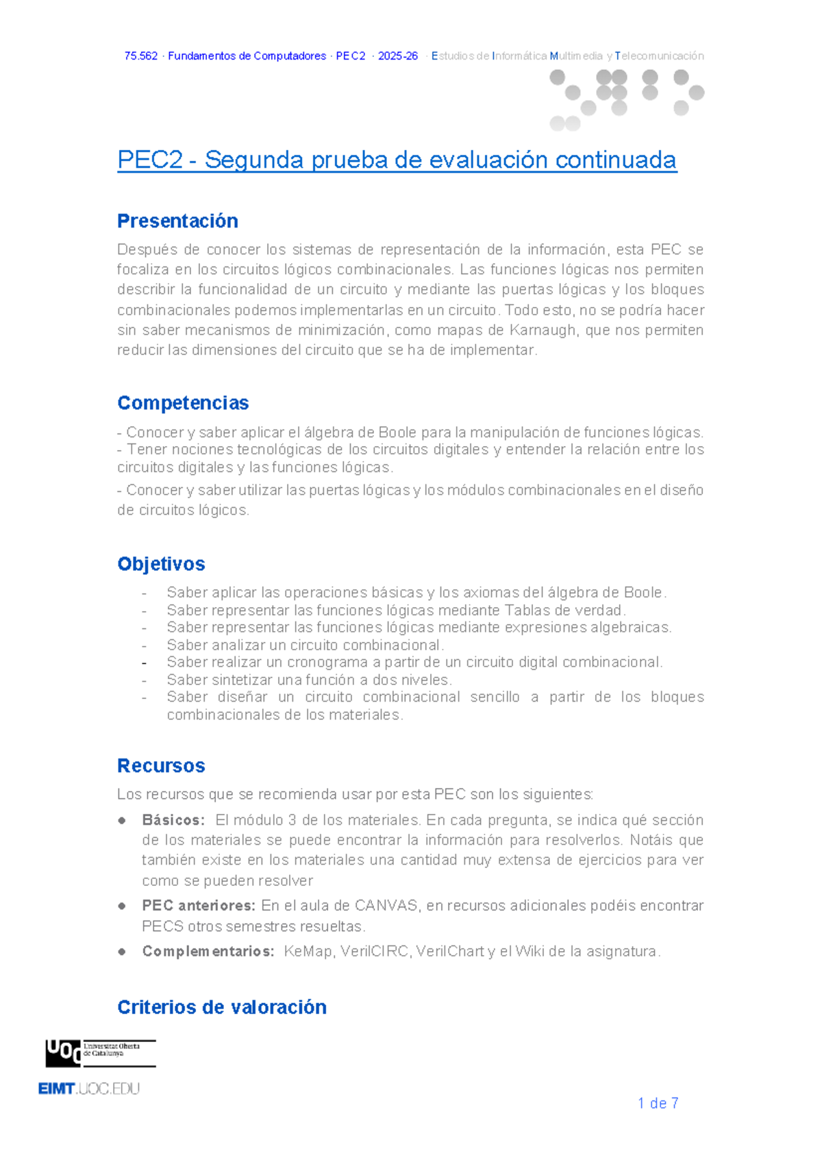 75.562 PEC2 Fundamentos de Computadores: Circuitos Lógicos y Álgebra de ...