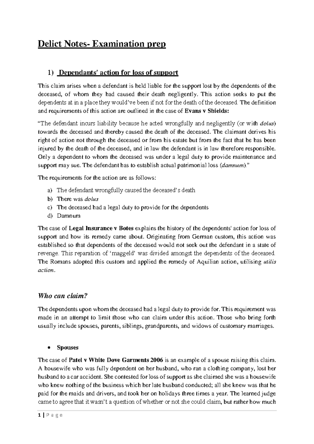 Delict Notes Exam Prep: Action for Loss of Support & Liability Concepts ...