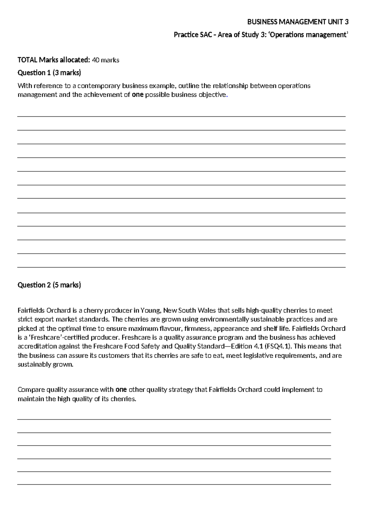 23 Practice SAC - BUSINESS MANAGEMENT UNIT 3 Practice SAC - Area of ...