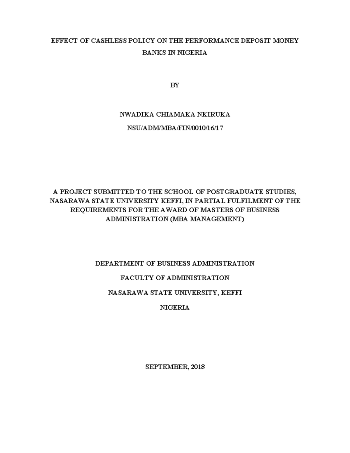 Impact of Cashless Policy on Deposit Money Banks in Nigeria (MBA) - Studocu