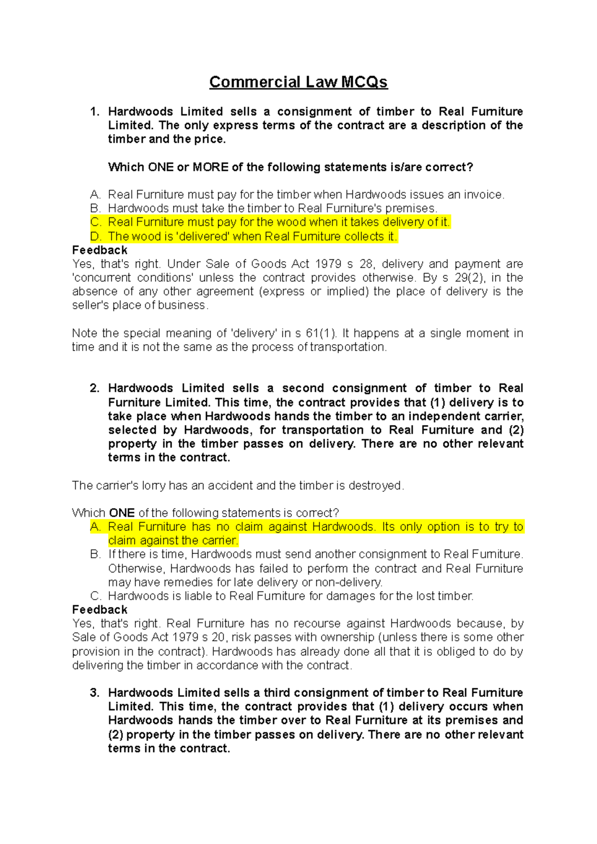 Commercial Law MCQs: Key Concepts and Case Studies - Studocu