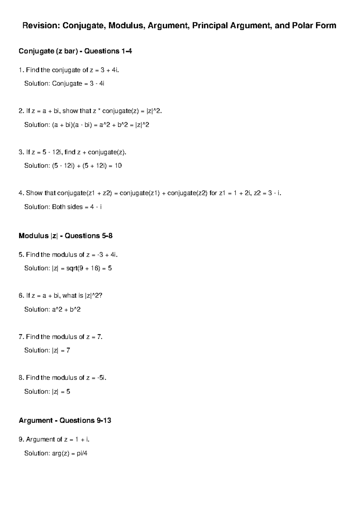 Complex Numbers Revision: Conjugate, Modulus, and Argument (Final ...