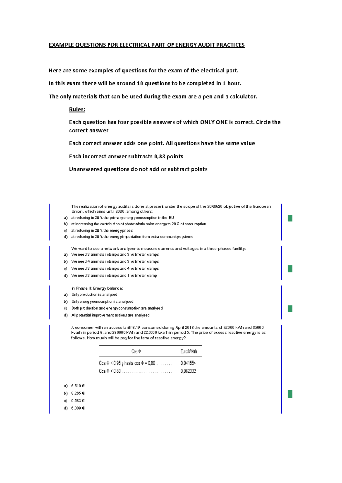 Example Questions FOR Electrical PART OF Energy Audit Practices ...