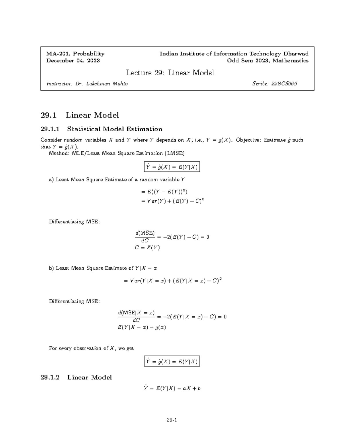 MA-201 Lecture 29: Linear Models & Statistical Estimation - Studocu