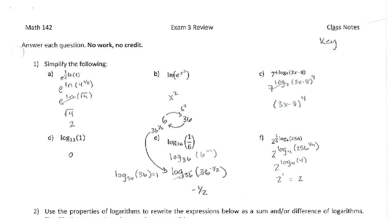 Math 142 Exam 3 Review Answers - Fall 2025 - Studocu