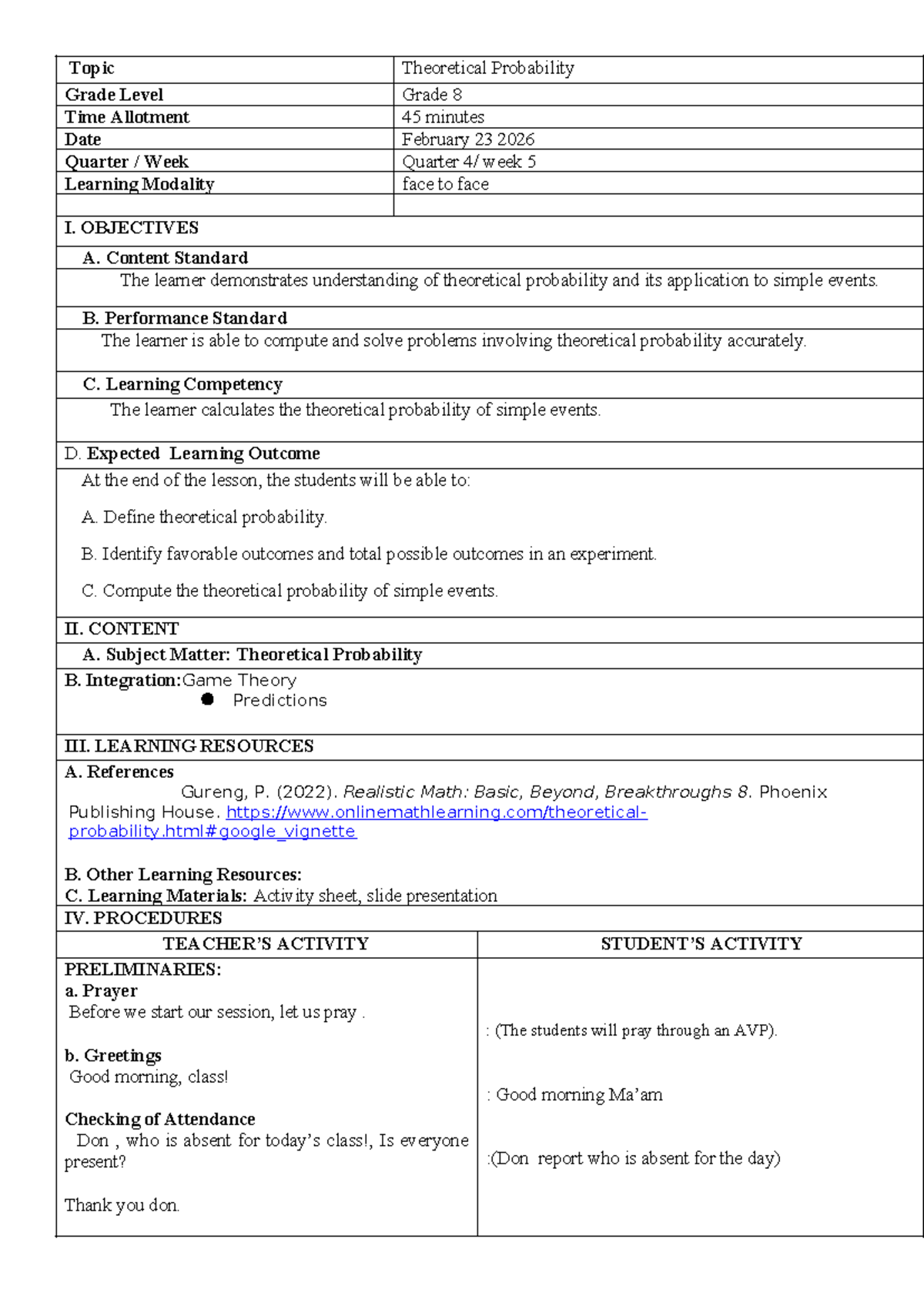 Grade 8 Theoretical Probability Lesson Plan - Week 5 - Studocu