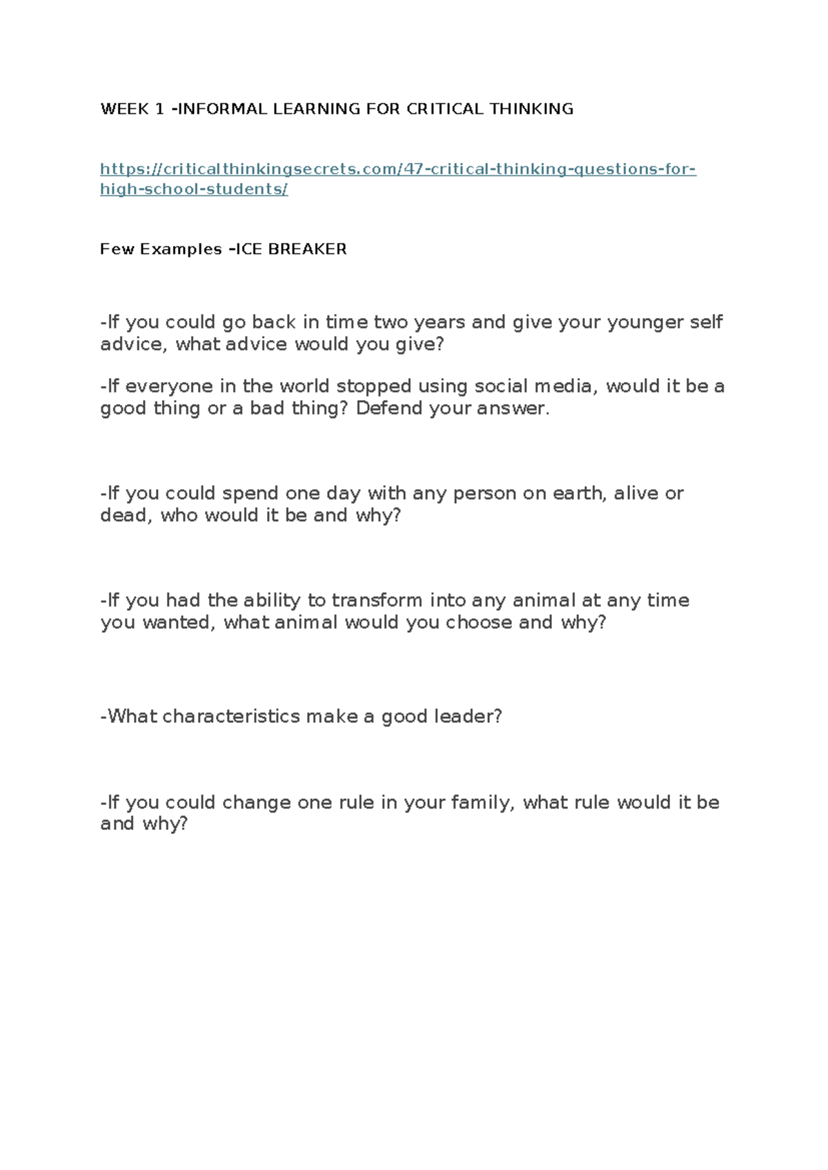 WEEK 1 CRITICAL THINKING QUESTIONS & EXAMPLES - Studocu