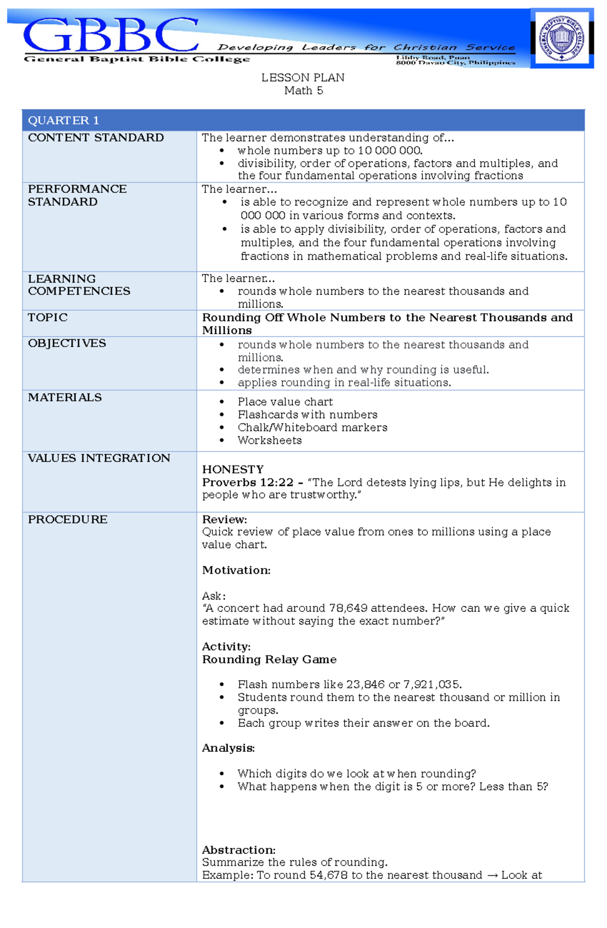 Math 5 - C1: Lesson Plan on Rounding Whole Numbers and Operations - Studocu