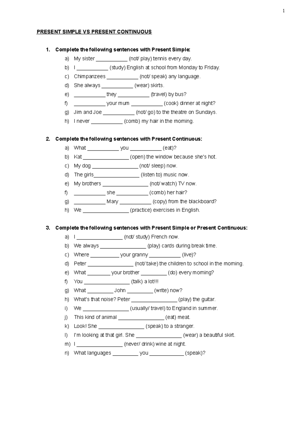 Present Simple vs Present Continuous Exercises for English Practice ...