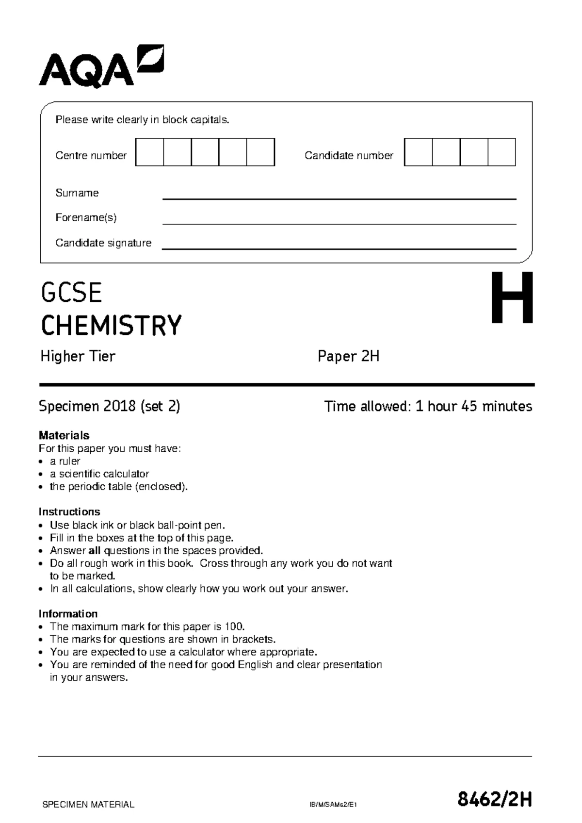 GCSE Chemistry Specimen Paper 1H - Practice Question Set 2 - Studocu