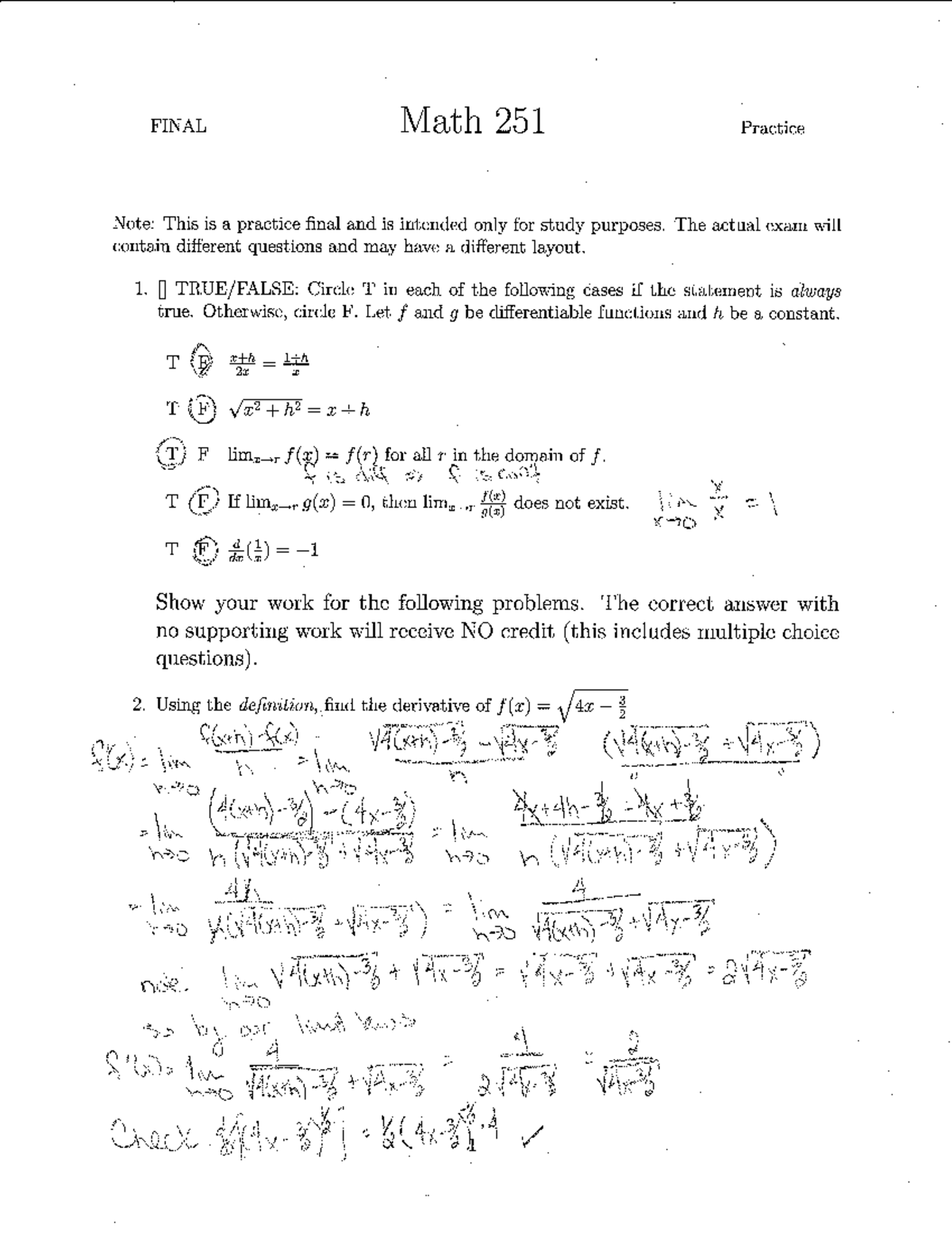 Final Math 251 Practice Exam Solutions And Study Guide Studocu