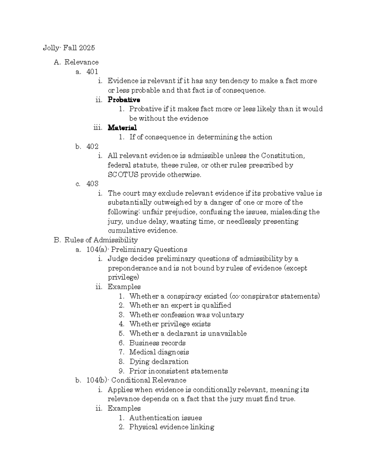 Fall 2025 Evidence Law Final Exam Outline - Studocu