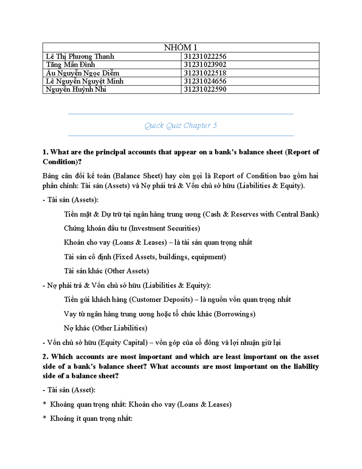 Nhóm 1 - Quick Quiz Chapter 5 - NHÓM 1 Lê Thị Phương Thanh 31231022256 ...