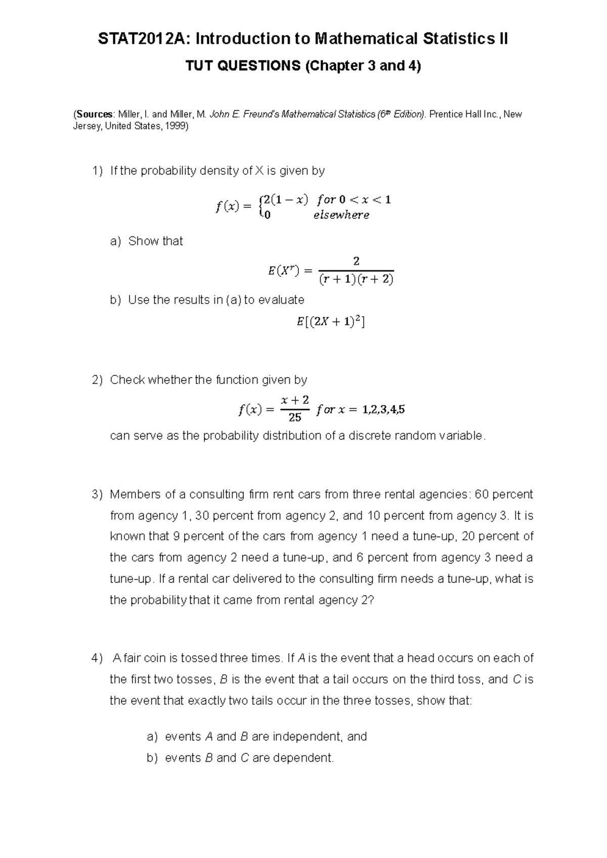 TUT Questions for STAT2012 A: Mathematical Statistics II (Ch 3 & 4 ...