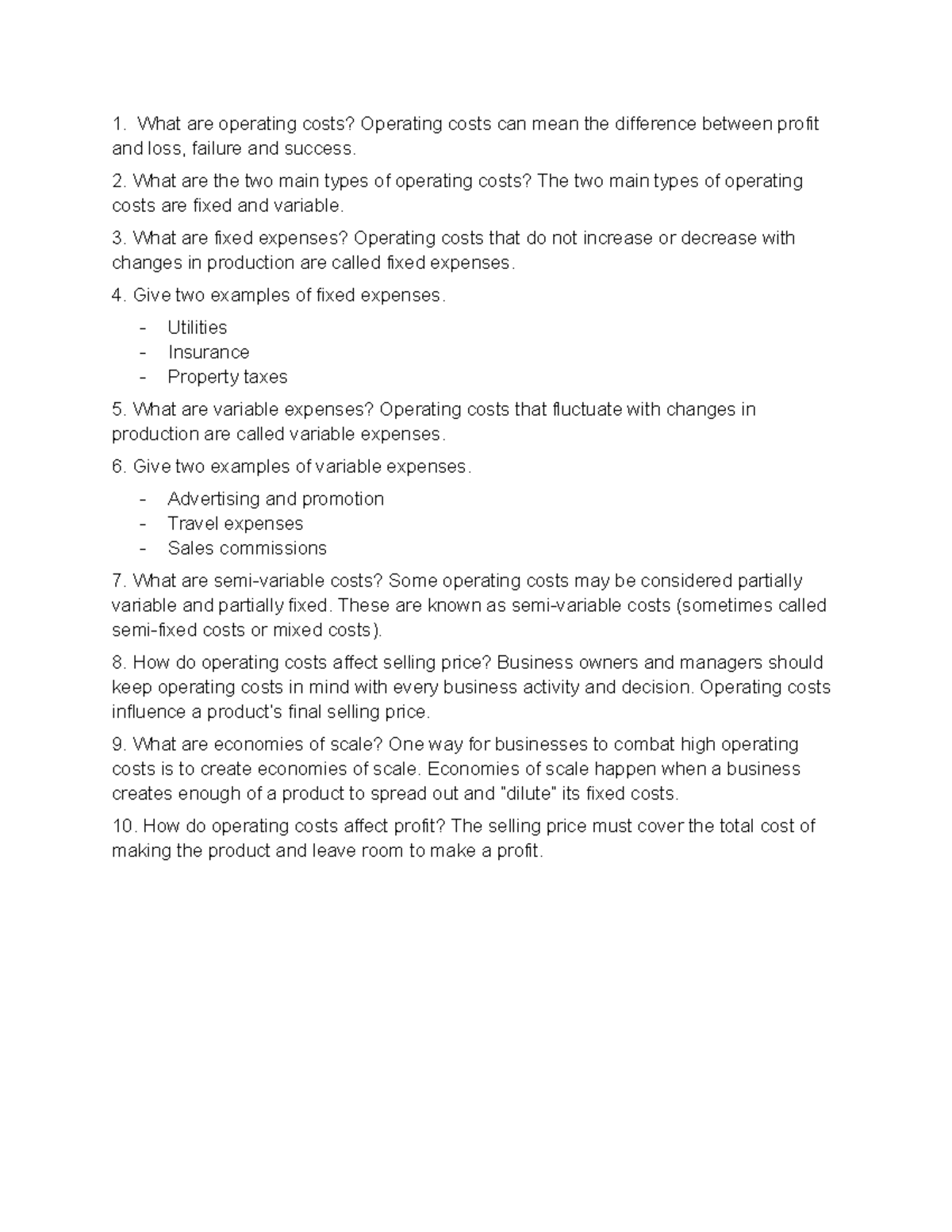 Operating Costs Overview - Key Concepts and Types Explained - Studocu