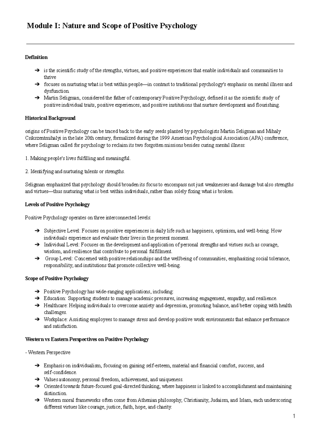 Positive Psychology Notes: Module I - Nature & Scope - Studocu