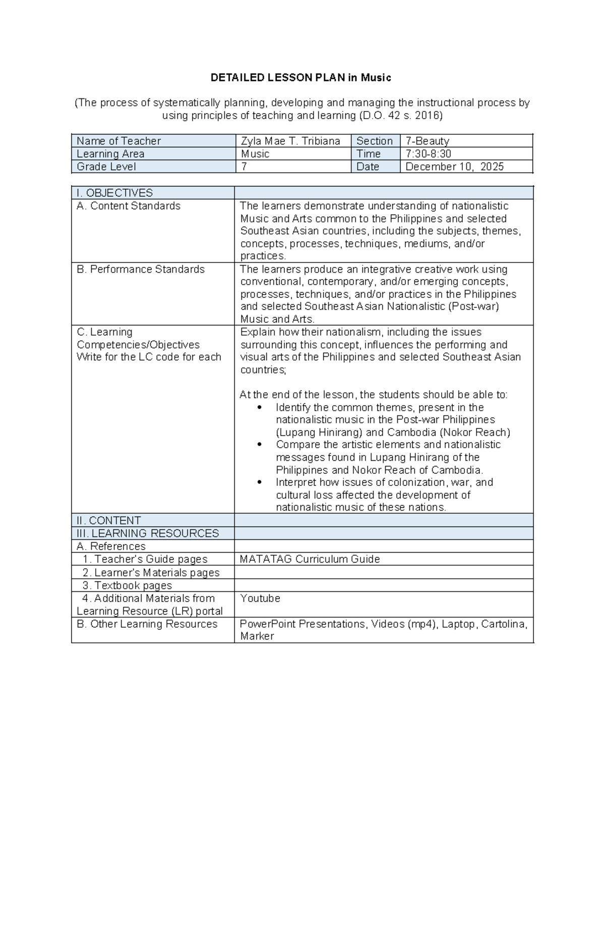 Final Lesson Plan in Music (D.O. 42 s. 2016) for Grade 7 - Studocu