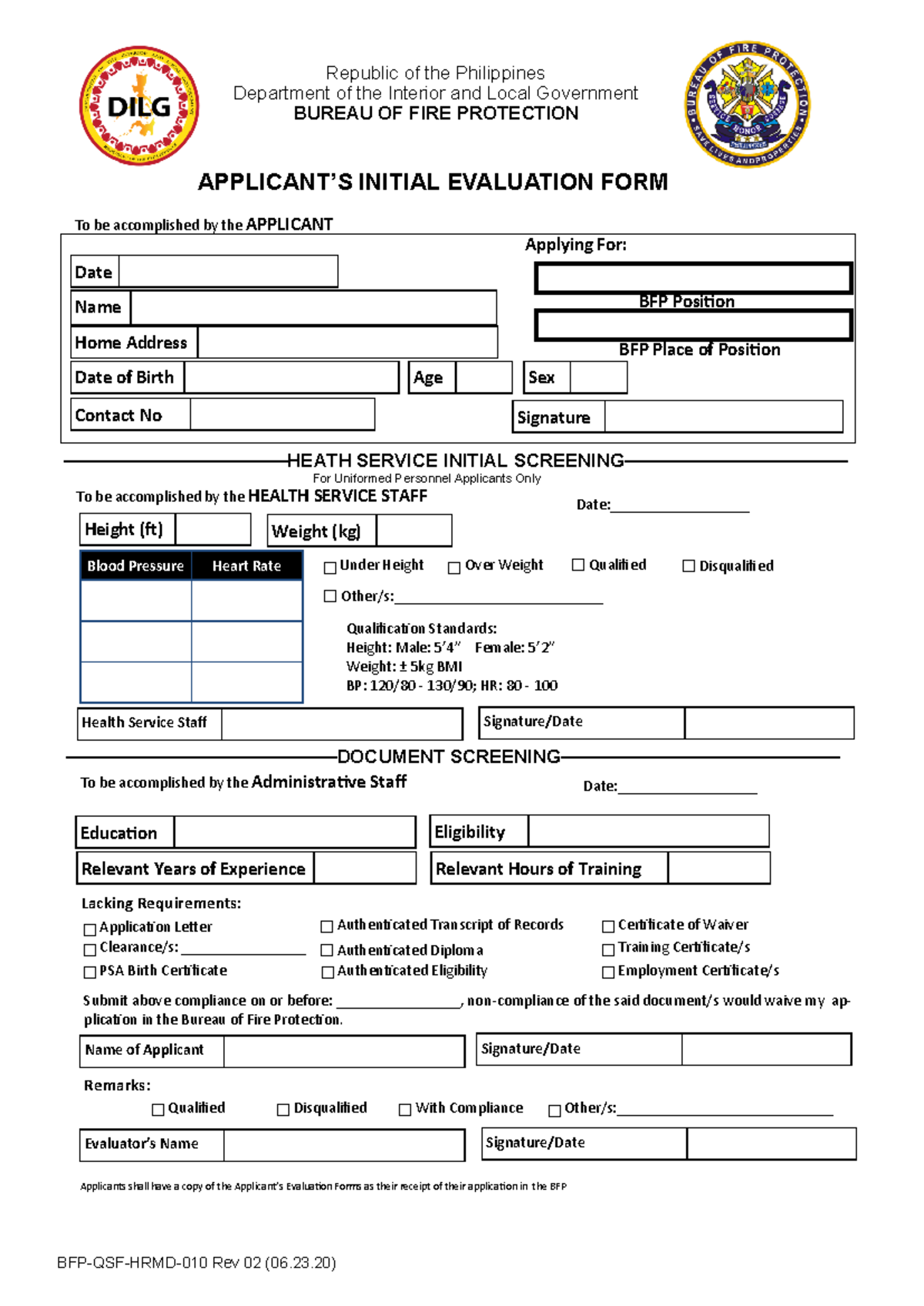 BFP Initial Evaluation Form for Applicant Screening (BFP-QSF-HRMD-010 ...