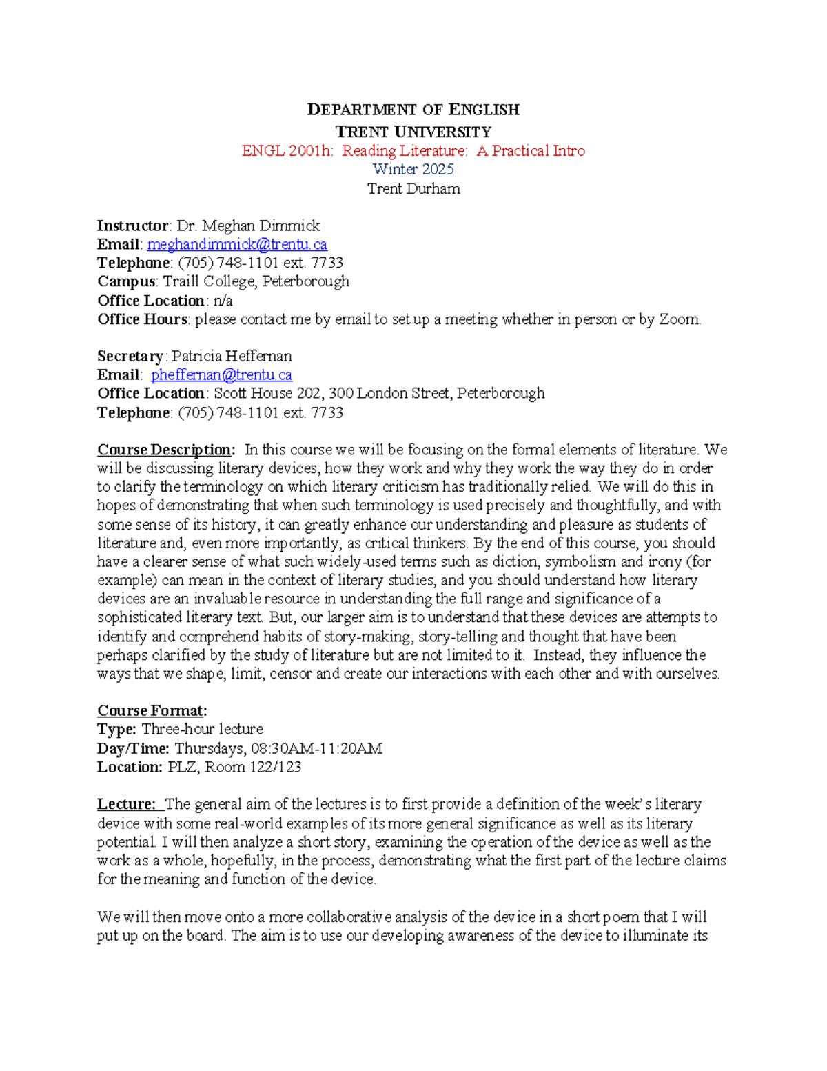 ENGL 2001h: Reading Literature Syllabus - Winter 2025 - Studocu
