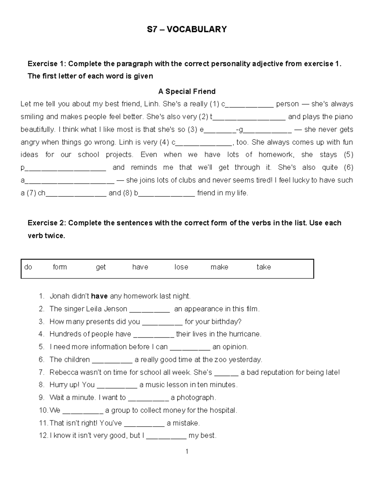 S7 Vocabulary Exercise 1: Personality Adjectives and Verbs - Studocu