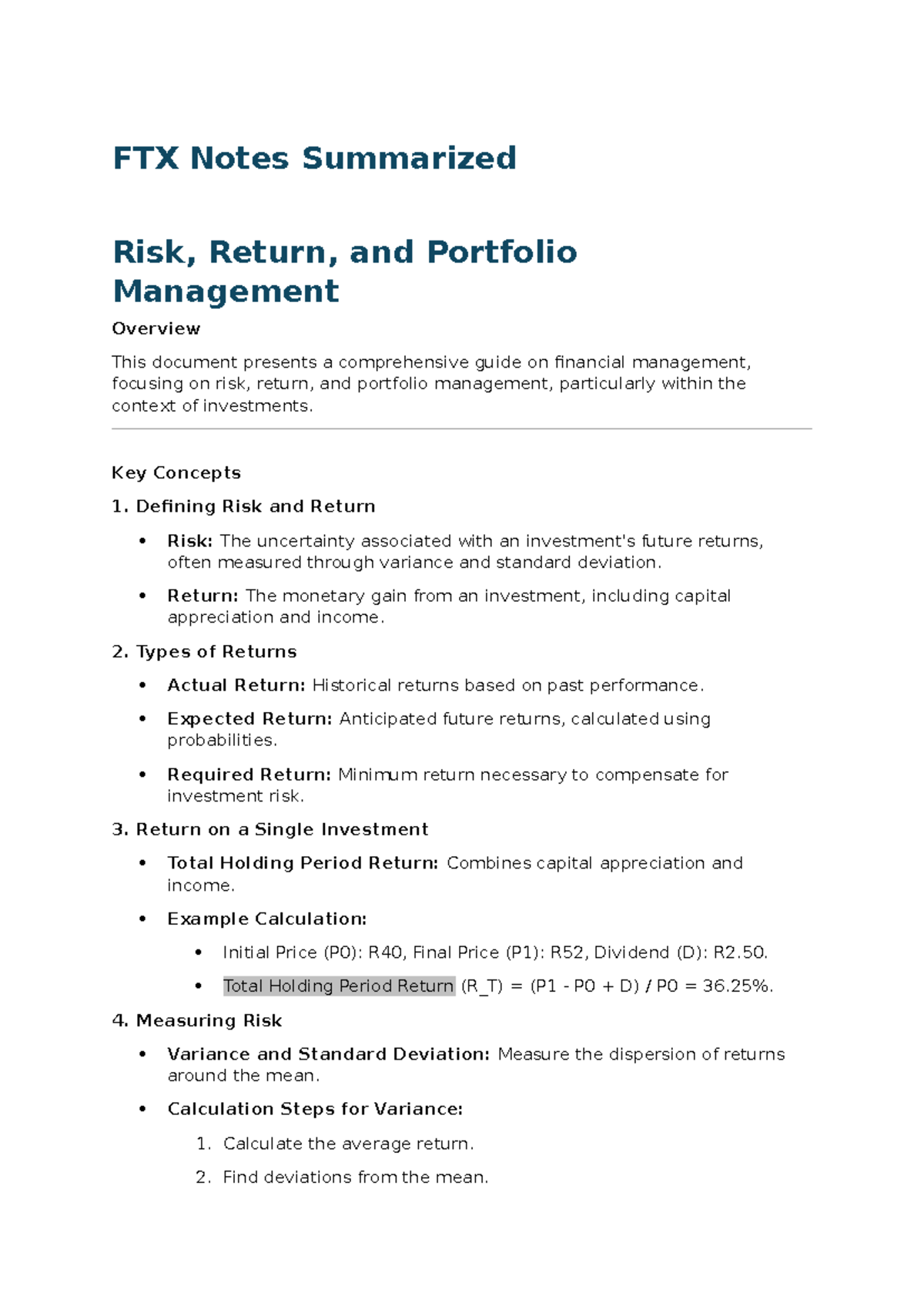 FTX Notes: Risk, Return & Portfolio Management Overview - Studocu
