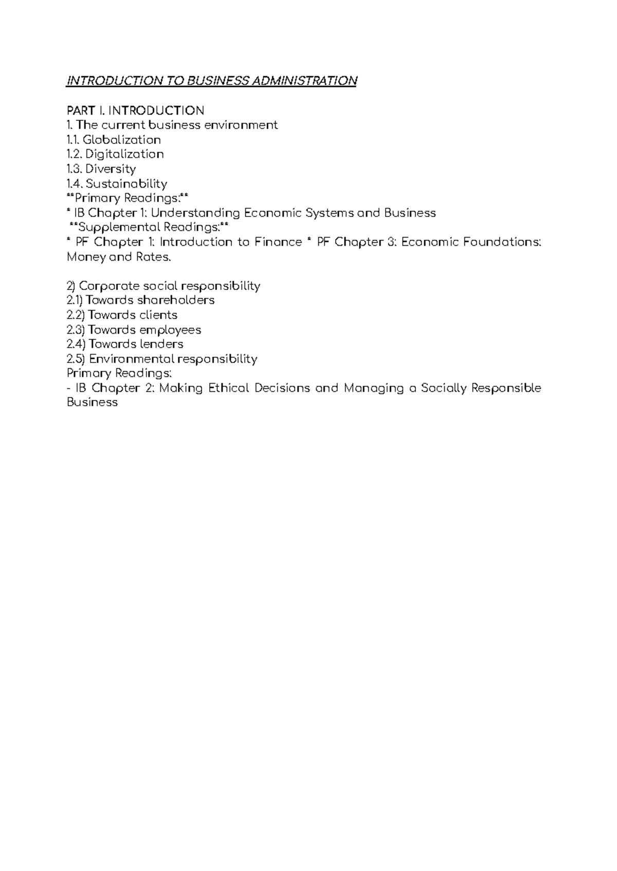 Introduction to Business Administration: Class 1 Notes (IB) - Studocu