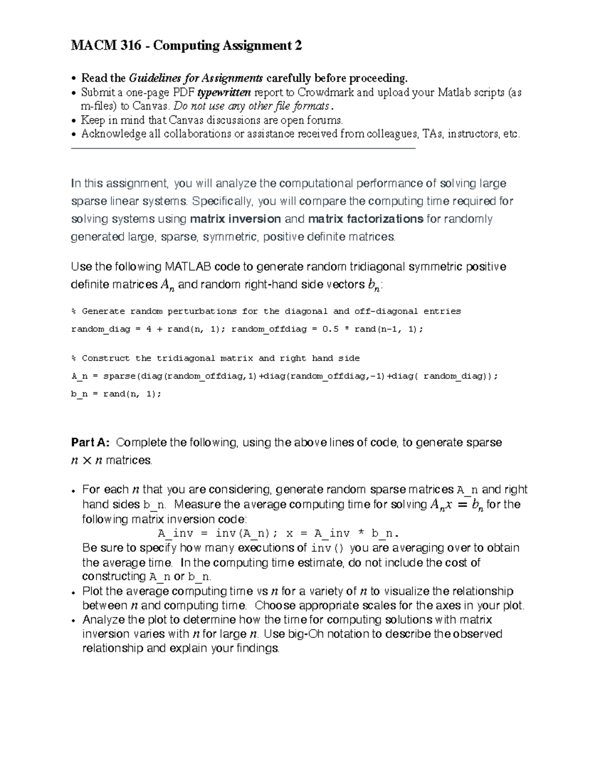 MACM 316 - Computing Assignment 2: Analyzing Sparse Linear Systems ...