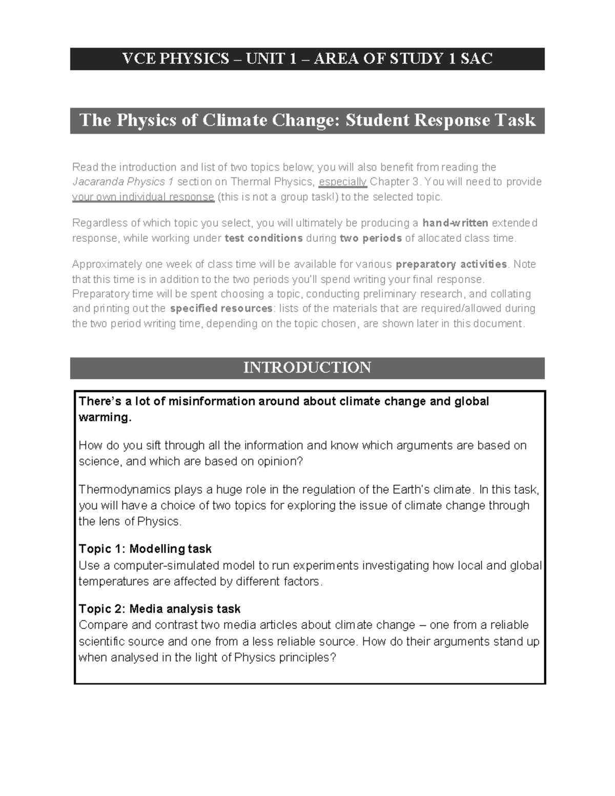 VCE PHYSICS UNIT 1 SAC: Climate Change Analysis & Modelling Tasks - Studocu