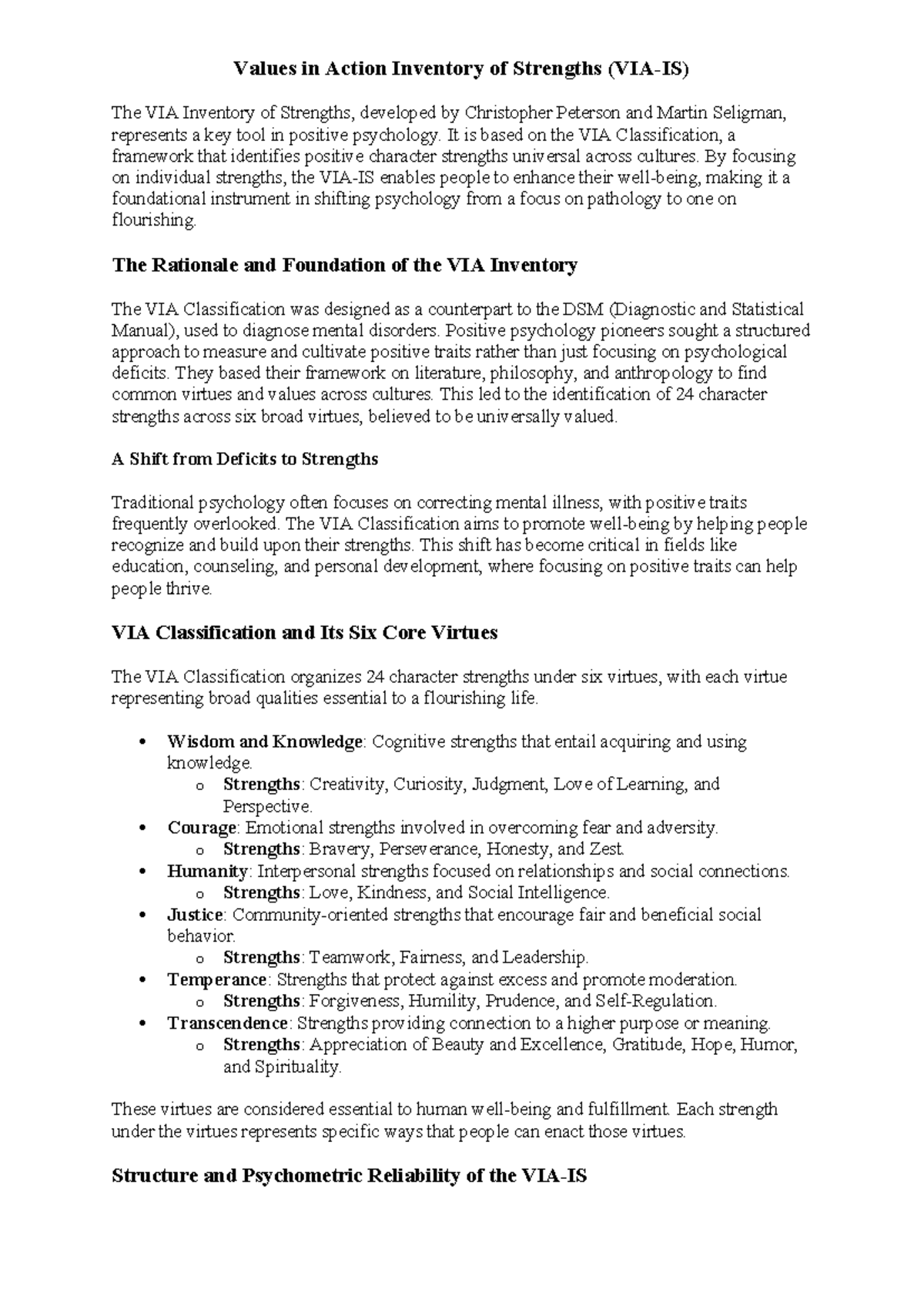 Positive Psychology Assignment: VIA Inventory of Strengths Overview ...