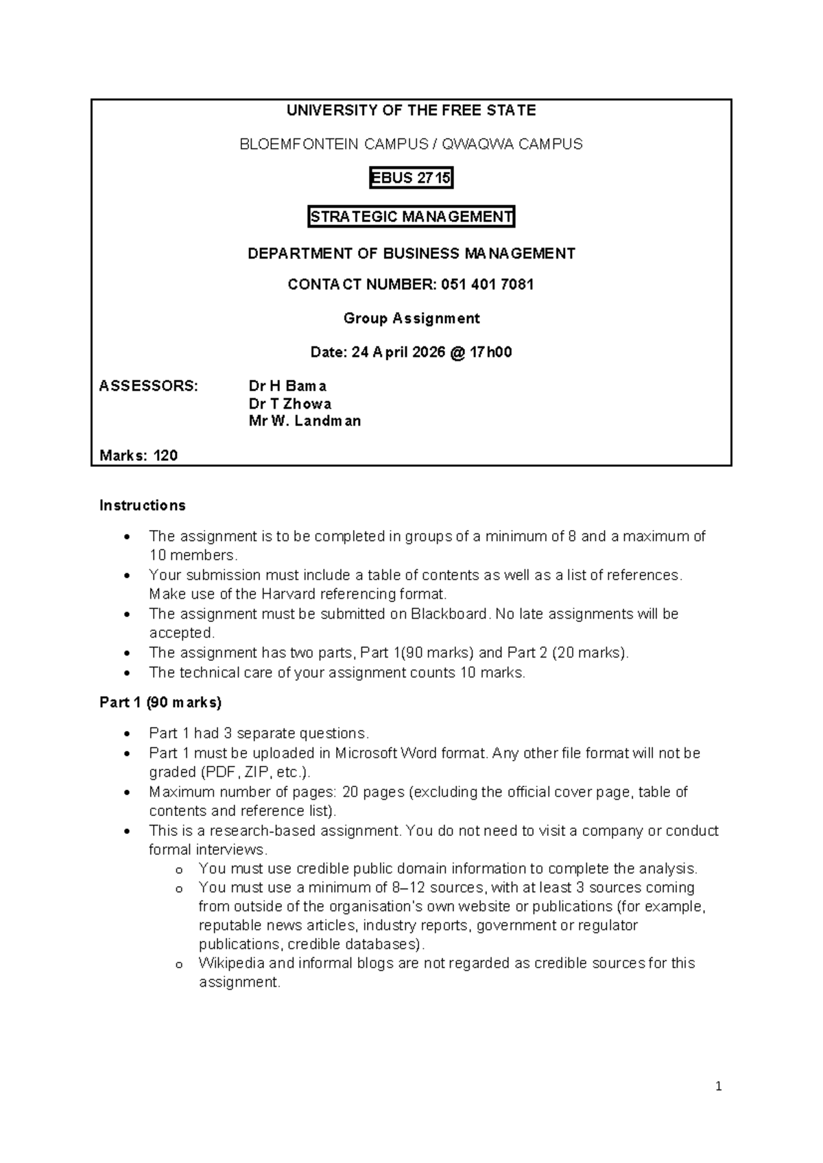 UFS QWAQWA EBUS 2715 Group Assignment: Strategic Management Analysis ...