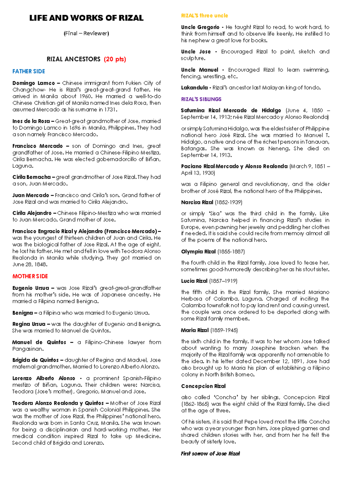 PI100 (Finals - Reviewer) on Life and Works of Jose Rizal - Studocu