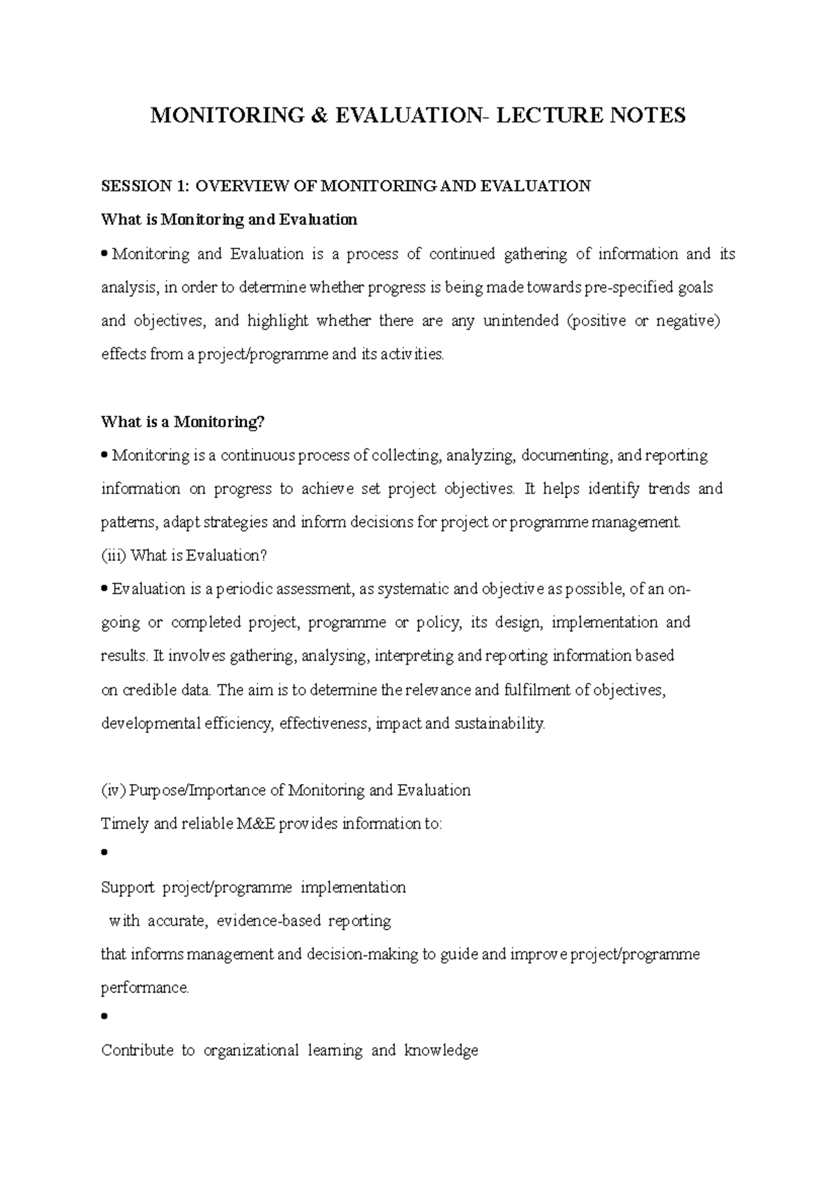 M&E 101: Lecture Notes on Monitoring & Evaluation Overview - Studocu