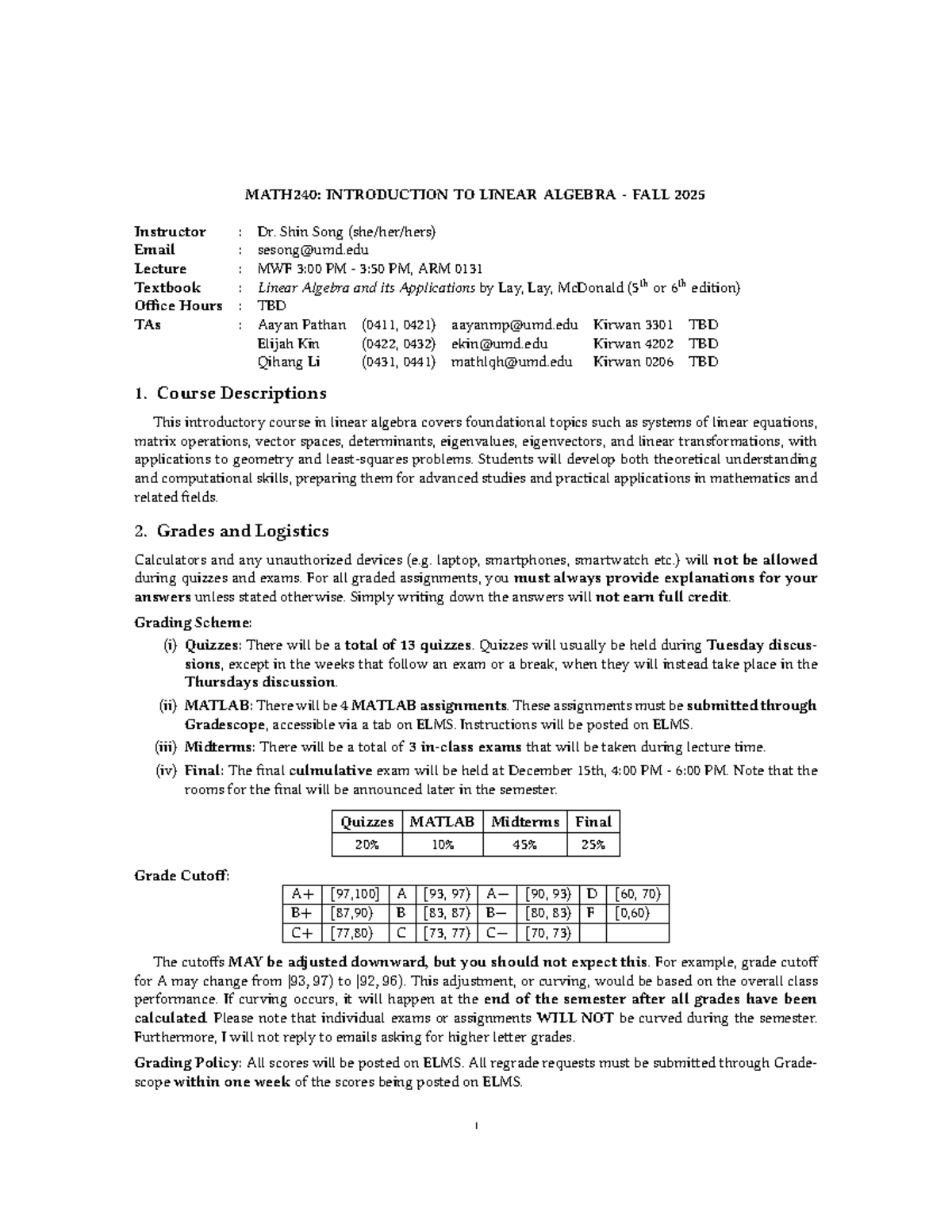 MATH240: Linear Algebra Syllabus - Fall 2025 - Studocu