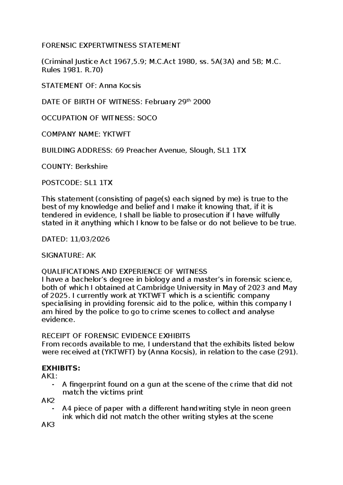 Forensic Expert Witness Statement: Case Analysis (Criminal Justice Act ...