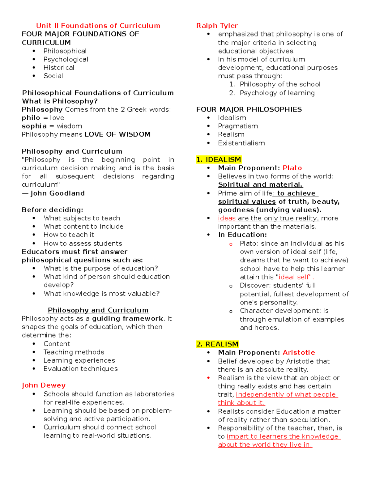 Unit II: Major Foundations of Curriculum - Philosophy, Psychology ...