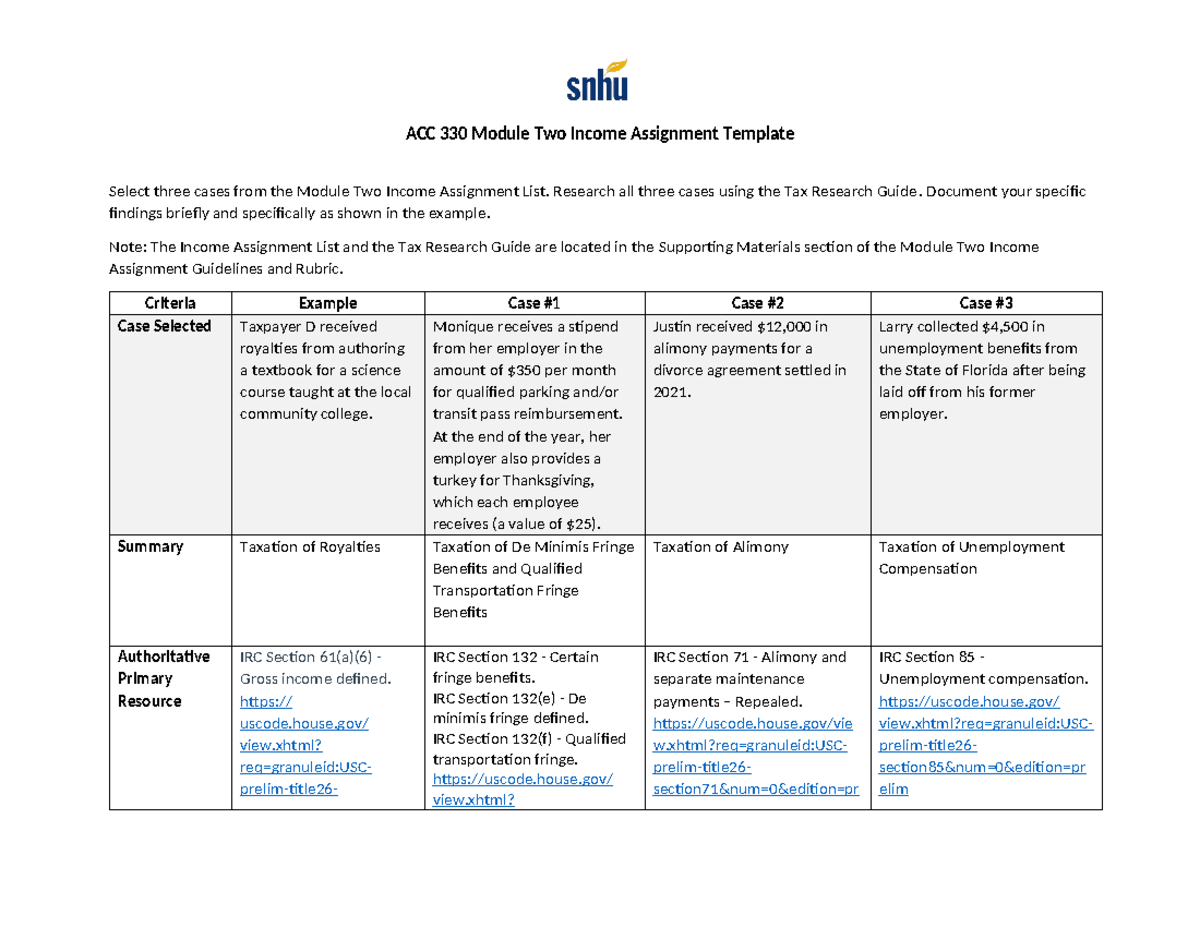 Assignment Two - ACC 330 Module Two Income Assignment Template Select ...