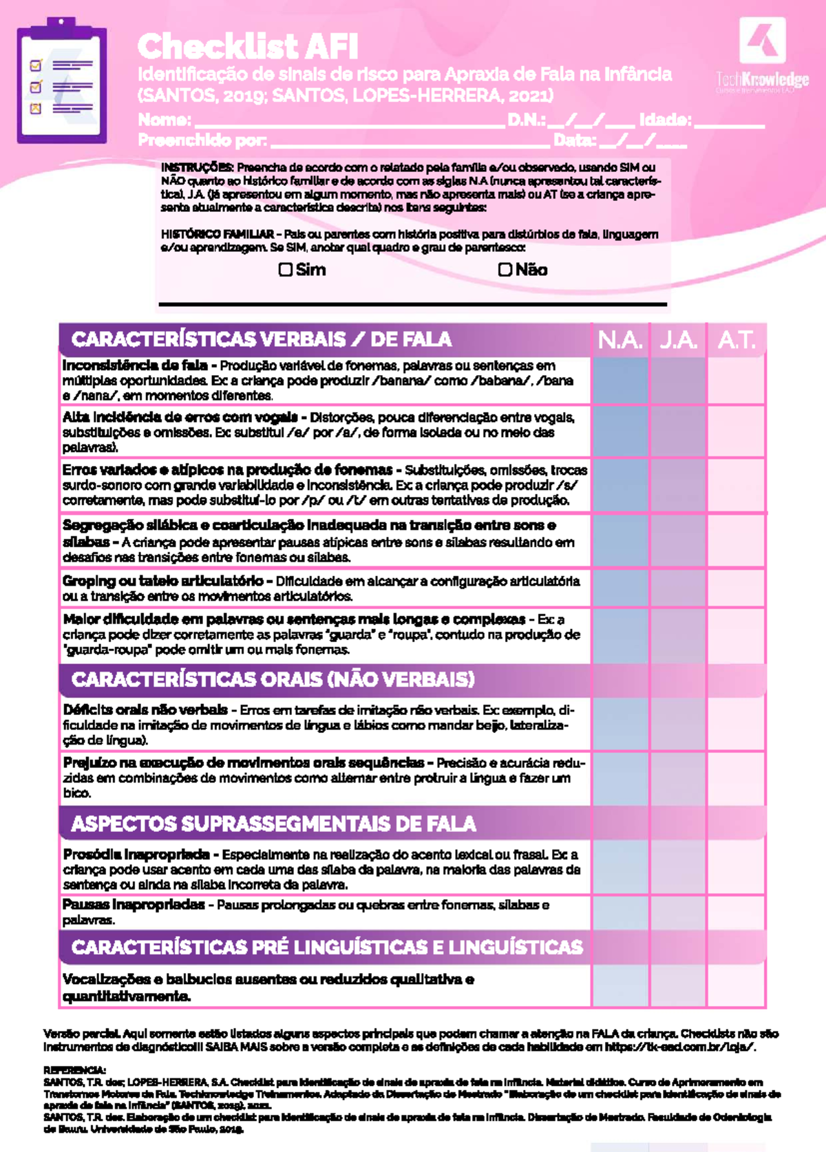 Checklist AFI para Identificação de Sinais de Risco em Apraxia de Fala ...
