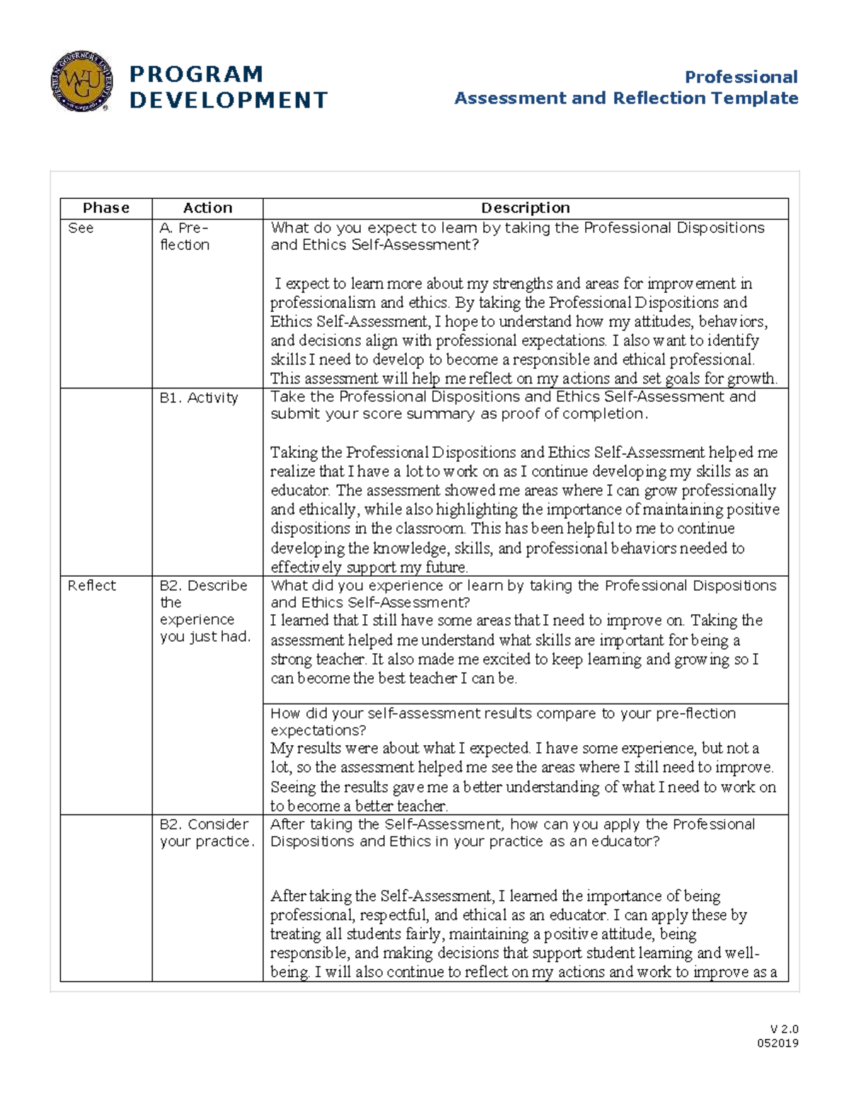 PROGRAM Professional Dispositions and Ethics Reflection Template - Studocu
