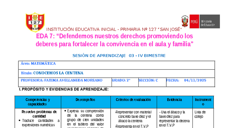 SESIÓN DE APRENDIZAJE 03: CONOCEMOS LA CENTENA - MATEMÁTICA EDA 7 - Document Preview